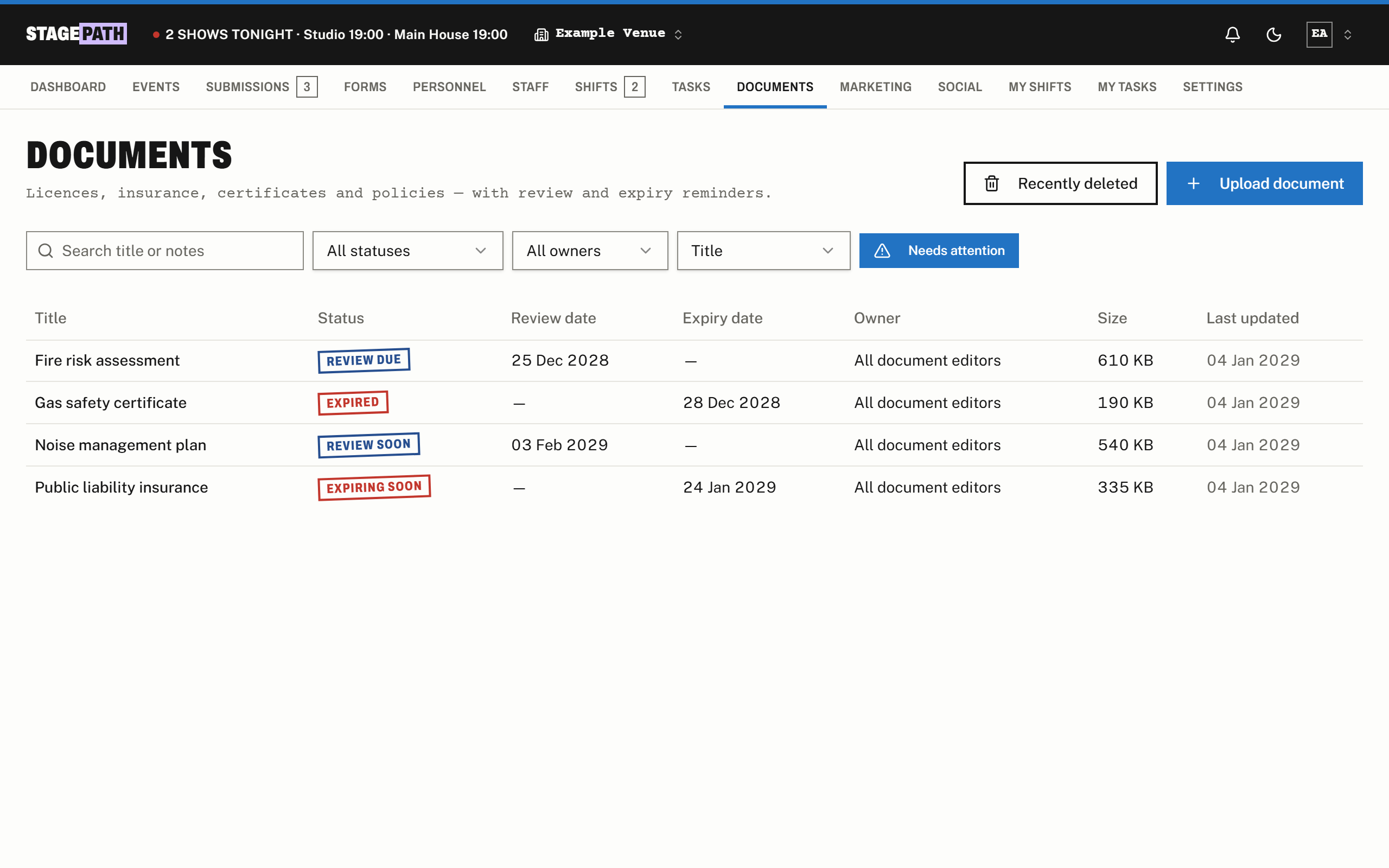 The documents list in StagePath, with licences and insurance and one document marked as expiring soon.