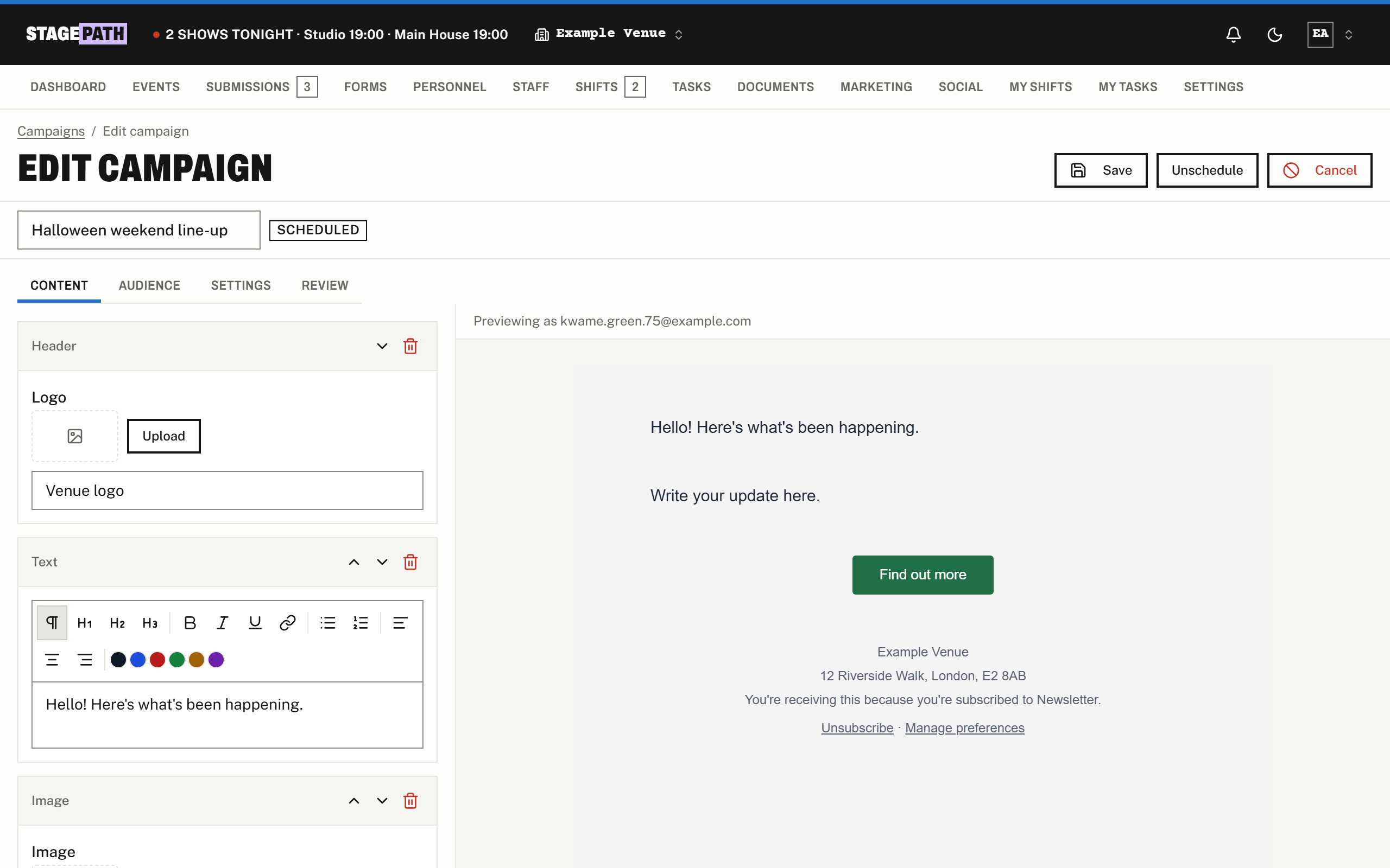 A mailing campaign being edited in StagePath, with the content blocks on the left and a preview of the email on the right.