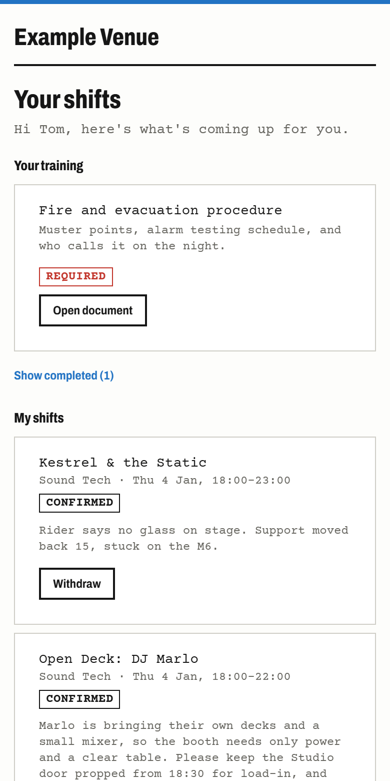 The staff portal on a phone, listing the person's next shifts with a confirm button.